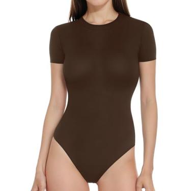 Imagem de YOGINGO Body para mulheres manga curta roupas femininas básicas gola canoa tops tecido duplo tamanho P-2GG macacão fashion, Marrom escuro, P