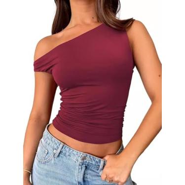 Imagem de PHEZEN Camisetas femininas com ombros de fora, sem mangas, regatas cropped justas, roupas de verão 2024, Vermelho G, Tamanho Único