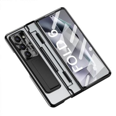 Imagem de POYUFRG Capa galvanizada para Samsung Galaxy Z Fold 6, proteção total de dobradiça de lente de metal, suporte invisível HD transparente à prova de choque, preta