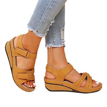 Imagem de Sandálias femininas casuais de verão confortáveis sandálias de couro peep toe sandálias de praia brilhantes para mulheres, Z7 - Amarelo, 7.5