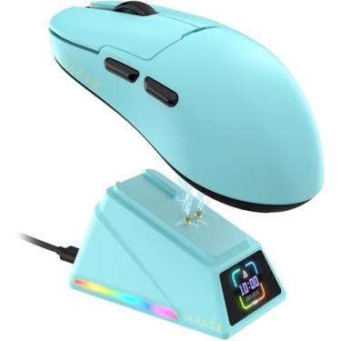 Imagem de A.JAZZ AJ159APEX 8Khz Mouse de Jogo Sem Fio Super Leve 56g com Base de Carregamento Magnético Tela, Sensor PAW3950 42000DPI, Três Modos BT/2.4Ghz/Type-C com Cabo, Programável, FPS, PC, Mac (Azul)