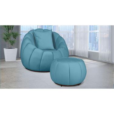 Imagem de Kit Poltrona Decorativa C/ Puff + Almofada Concha Veludo Azul Turquesa - Londrilar