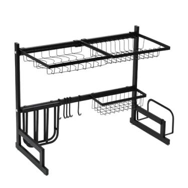 Imagem de Escorredor de louça inox grande com porta copos, talheres e pratos. Rack modular preto. Pia e cozinha organizada. Facil de montar