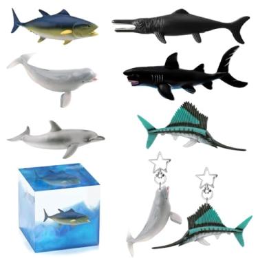 Imagem de FineInno 6Pcs 3D Resin Fillers Ocean Animals Figures Realistic Beluga Sailfish Tuna Dolphin Shark Teyman Dragon Fish Sea Creatures for Epoxy Resin Mold Filling Materials Decoration