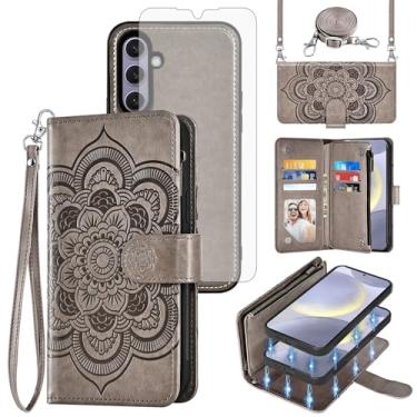 Imagem de Asuwish Capa de celular para Samsung Galaxy S24 Plus S24+ 5G Carteira com zíper destacável com alça protetora de tela de vidro temperado, suporte de cartão de flor mandala S24plus 24S + S 24 24+