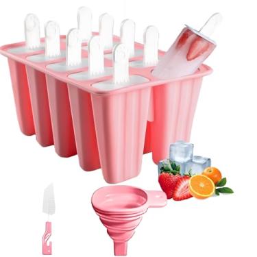 Imagem de Moldes de picolé de silicone, 10 peças de moldes de picolé com 10 bastões reutilizáveis, escova de limpeza e funil - Formas caseiras reutilizáveis de fácil liberação para picolé (rosa)