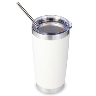 Imagem de Volhoply Copo de aço inoxidável de 590 ml com tampa e canudo, caneca de café gelado de viagem com isolamento de parede dupla para suporte de copo de carro, copos revestidos em pó para bebidas quentes