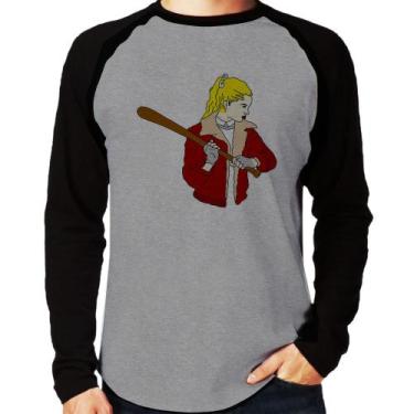 Imagem de Camiseta Raglan Baseball Girl Manga Longa - Foca na Moda, Cinza, Preto