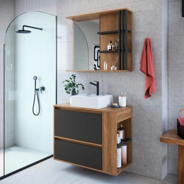 Imagem de Conjunto de Gabinete com Cuba Branca e Armário de Banheiro com Espelho Estela 1 PT 1 GV Mel e Grafite