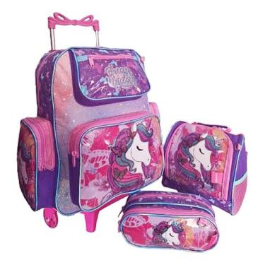 Imagem de Kit Mochila Unicornio Rodinhas Infantil Chenson Escolar