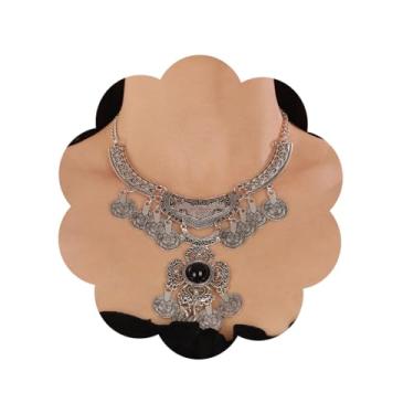 Imagem de Wiwpar Colar vintage grosso com pingente de moeda com borla longa, colar boho, gargantilha, prata antiga, gravada, moeda, borla, punk, estilo étnico, fantasia para mulheres, meninas, festa de