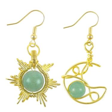 Imagem de Nupuyai Brincos femininos com pingente de cristal gótico boho de sol e lua, fio de cobre assimétrico, sol, lua, pedra, Cobre Cobre Aventurina verde, Pedra de cristal de aventurina verde