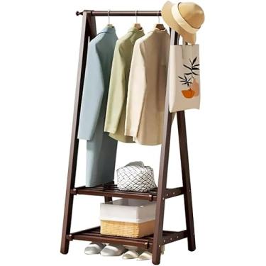 Imagem de Arara de roupas de bambu, trilho de roupas com prateleiras, suporte de casaco, trilho para pendurar roupas, leve e dobrável, organizador de roupas para entrada e quarto, marrom, 66 x 40 x 160 cm