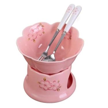 Imagem de ABPWO Conjunto de panela de fondue de cerâmica esmaltada, queijo ou chocolate, tapas, aquecedor de manteiga, inclui garfos e colher, 170 g (tigela rosa + fogão rosa)