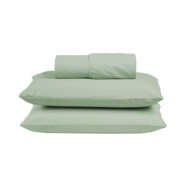 Imagem de Jogo de Lençol Casal 300 Fios Percal 100% Algodão Extra Macio 3 Peças Conjunto com Elástico Fronhas (Verde)