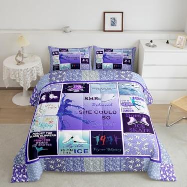 Imagem de Conjunto de edredom Queen para patinação no gelo, geométrico, patchwork, xadrez, esportes rápidos, 3 peças, para decoração de quarto de crianças, meninas, mulheres, meninos, roxo, 2 fronhas