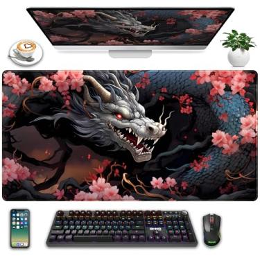 Imagem de Tapete de rato bonito Sakura Dragon Gaming Kawaii XXL Tapete de mesa grande de anime estendido, base de borracha antiderrapante, tapete de mesa para decoração de escritório, teclado legal e tapete de