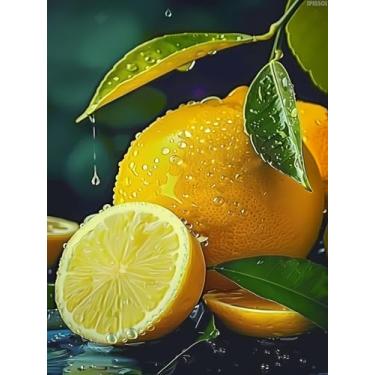 Imagem de IPISSOI Pintura de diamante de limão amarelo DIY por números para adultos kits de arte de diamante redondo completo para decoração de quarto decoração de sala de estar 30,5 x 40,6 cm