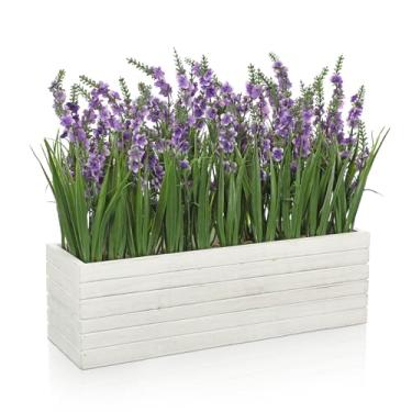 Imagem de Arranjo de flores de lavanda artificial de 35,5 cm em caixa de plantador de madeira retangular rústica roxa flor de lavanda falsa em vaso de plantas para mesa de centro de mesa, prateleira de peitoril