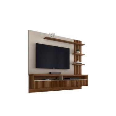 Imagem de Painel Suspenso Detalhe Ripado Sala Estar TV Até 65 Polegadas 3 Prateleiras 2 Portas Basculante Araruna