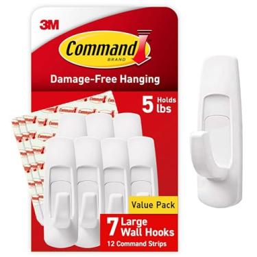 Imagem de Ganchos utilitários grandes Command, branco, pacote com 7 ganchos e 12 fitas adesivas