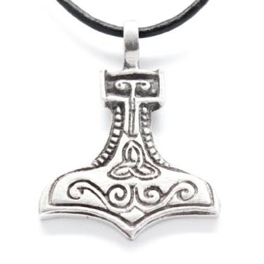 Imagem de Martelo de Thor de estanho com pingente Viking Mjolnir Triquetra, colar de couro, Couro, Sem Pedra Preciosa