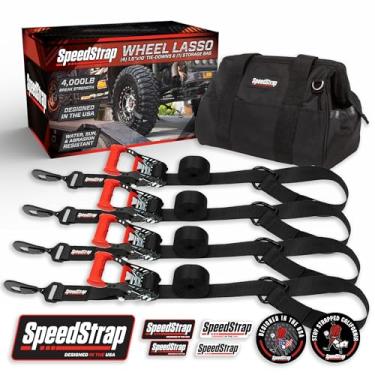 Imagem de SpeedStrap Correias de amarração de carro de roda para reboques (pacote com 4) - 4 polegadas x 10 pés (força de ruptura de 1,8 kg) Correias de pneu resistentes com ganchos de pressão e alças de laço -