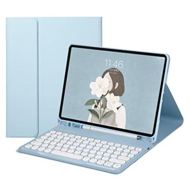 Imagem de HENGHUI Capa com teclado para Galaxy Tab S9 FE+ / Tab S10+ / Tab S9+ / Tab S8+/S7+/S7 FE 31,5 cm capa magnética removível para teclado colorido bonito e redondo, azul celeste