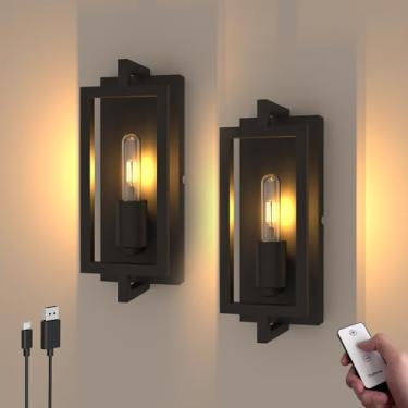 Imagem de ThyFenno Luzes de parede vintage operadas por bateria com controle remoto, arandela de parede regulável, design de suporte de vela sintética, sem fio, fácil de instalar, lâmpada de parede recarregável
