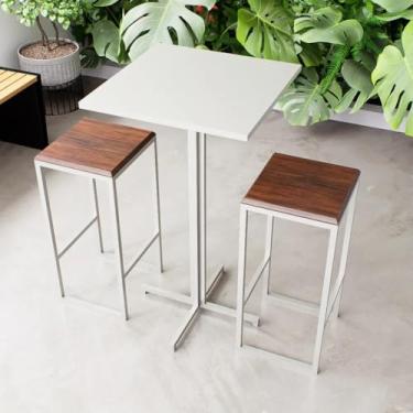 Imagem de Conjunto Mesa Alta Bar Bistrô Quadrada Branca 2 Bancos Imbuia Industrial White