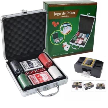 Imagem de Maleta De Poker Com 100 Fichas 2 Baralhos 5 Dados + Embaralhador de Cartas Automático