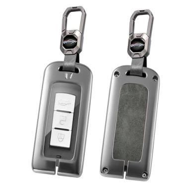 Imagem de HIBEYO Capa Smart Key Fob compatível com Mitsubishi Outlander Sport Eclipse Cross ASX Mirage RVR Lancer Fortis Ex Acessórios Capa de chave de couro de liga com chaveiros - Chaveiro curto cinza