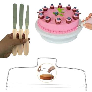 Imagem de Kit Confeiteiro: Bailarina Prato Suporte Giratório + Cortador Nivelador de Bolo + Espátulas Reta Angular (Rosa Claro)
