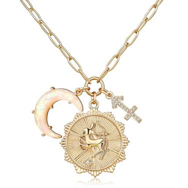 Imagem de MISS RIGHT Colar de moedas de signo do zodíaco de ouro com pingente de lua crescente de opala para mulheres meninas da moda, corrente delicada de clipe de papel de ouro 12 colares de horóscopo de constelação colares de astrologia joias presentes, 18.11 inches, Gema, Zircônia cúbica