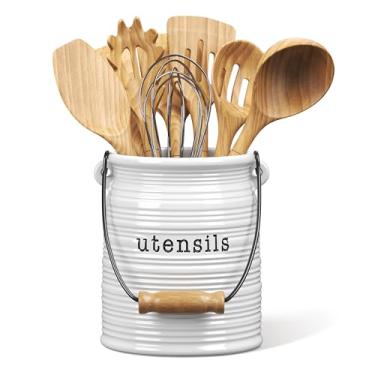 Imagem de Barnyard Designs Porta-utensílios de cerâmica com cabo de metal e madeira, decoração rústica de bancada de cozinha de fazenda, organizador para utensílios de cozinha, espátulas e colheres de mistura, 14 x 15 cm, branco