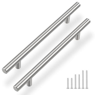 Imagem de Gobrico Puxadores de armário de 19 cm com orifícios centrais, puxadores de gaveta de níquel escovado, puxadores de cômoda, ferragens de armário em T de níquel acetinado para cozinha e banheiro, pacote