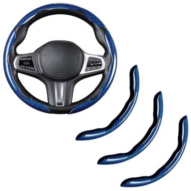 Imagem de Capa de volante de fibra de carbono, acessórios de encaixe para volante de carro, 3 peças, protetor antiderrapante universal azul brilhante