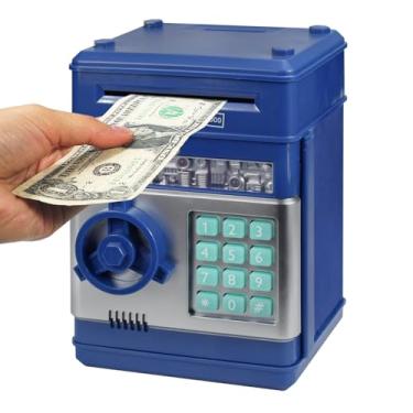 Imagem de Cofrinhos para crianças, cofrinhos com senha eletrônica para crianças, mini caixa eletrônico para economizar dinheiro e moedas, ótimo presente de aniversário para meninos e meninas (cinza azul)