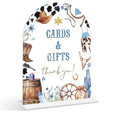 Imagem de Placa de cartões e presentes - Sinal de chá de bebê caubói, 1 pacote de placa de acrílico com suporte, decoração de mesa de festa reveladora de gênero, artigos de chá de bebê de rodeio do oeste