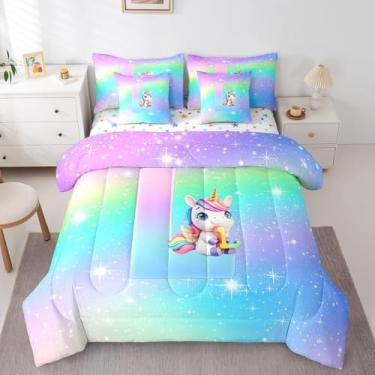 Imagem de Feelyou Conjunto de edredom infantil de unicórnio fofo com lençol solteiro, com inicial G, 7 peças, para meninos e meninas, para crianças, com letras do alfabeto, presente com monograma, 7 peças