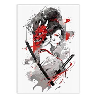 Imagem de Placa Decorativa Anime Gueixa Mascara Oni Anime Nanquim Decoração Quarto Sala