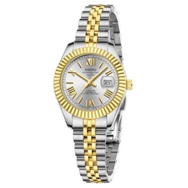 Imagem de NIBOSI Relógios femininos analógicos de quartzo à prova d'água com data, relógio de pulso delicado, moderno, de aço inoxidável, para pulsos pequenos, vestido feminino elegante, Dourado, prata