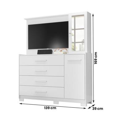 Imagem de Cômoda Quarto Com Painel Para Tv Ilhabela 4 Gavetas 2 Portas Branco Fosco Branco Fosco