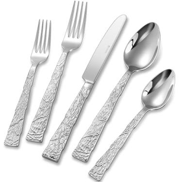 Imagem de KEAWELL Conjunto de talheres vulcânicos premium – Talheres de aço inoxidável 18/10, lavável na lava-louças, cabo texturizado, durável para uso diário, elegante para entretenimento (20, prata)