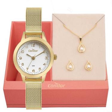 Imagem de Relógio Feminino Condor Pequeno Dourado CO2035MZS/K4K Colar e Brincos