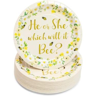 Imagem de Pratos de papel Bee para festa de revelação de gênero (7 pol, pacote com 48)