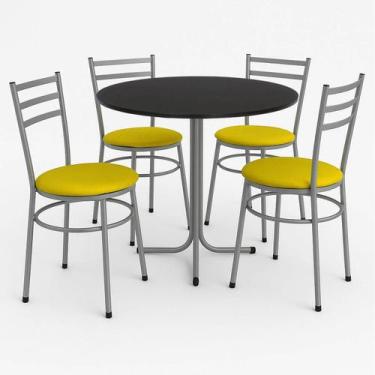 Imagem de Mesa de Jantar Redonda 80cm Preta Com 4 Cadeiras Estofada Cinza - Lama