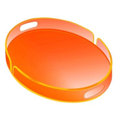 Imagem de Bandeja de servir de acrílico com alças grande bandeja decorativa para otomano 43 x 33 cm redonda para banheiro, comida, café, frutas, lanche, chá, jantar, sala de estar, laranja neon
