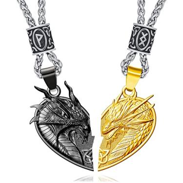 Imagem de ZiWuark Colar de dragão combinando para casais, colar de coração viking, joias para homens e mulheres com contas de runa, Small, Aço inoxidável, Sem Pedra Preciosa