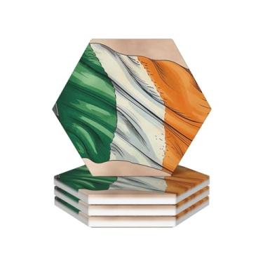 Imagem de Conjunto de 4 porta-copos redondos absorventes de cerâmica antiderrapante com bandeira irlandesa para copos com suporte e base de cortiça reutilizáveis porta-copos para copos para tipos de xícara